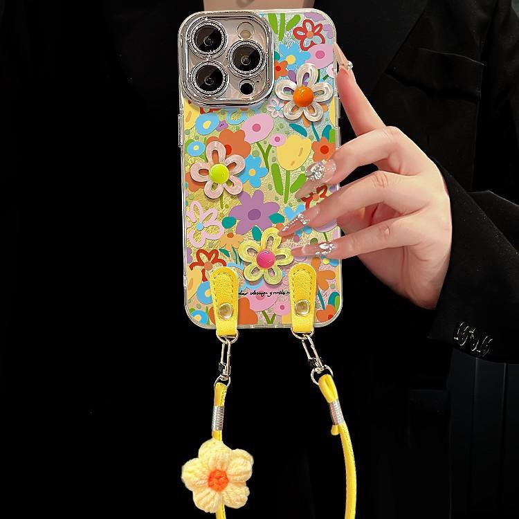 Flower doll lanyard for Apple 16 glacier pattern mobile phone case 13promax premium sense 15 summer 14 all-inclusive