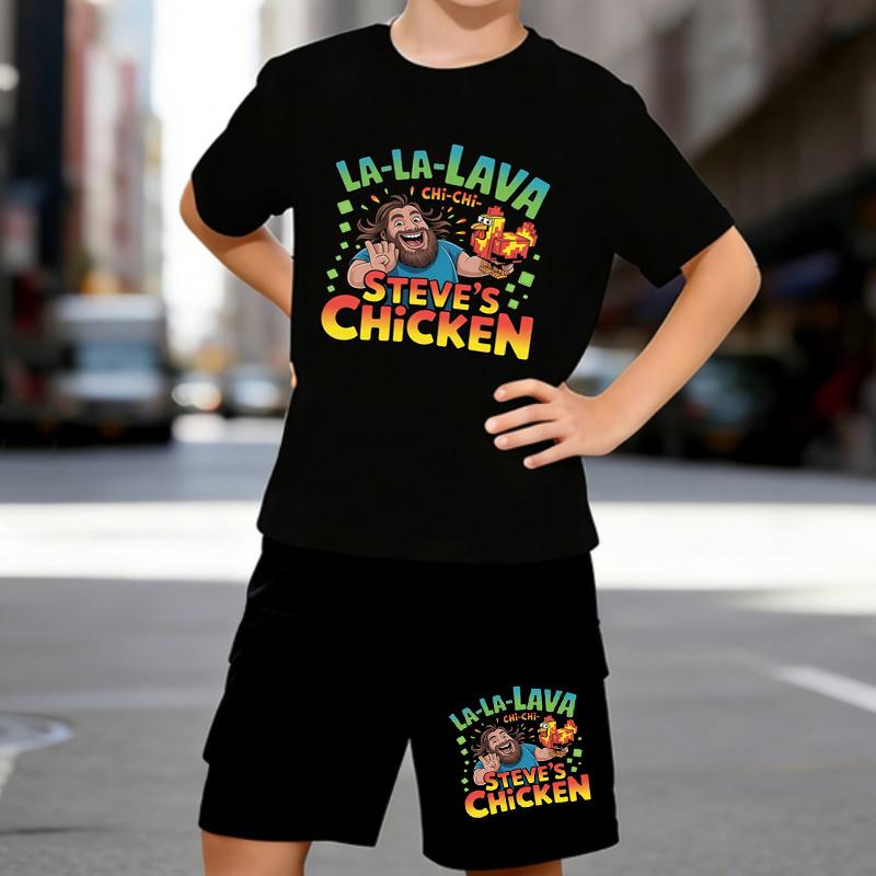 

Boys 2 Piece Cute chick printed outfit, Short Sleeve T-Shirt and Shorts Set for Kids Age 5-14,White, Black Sporty Casual Summer Clothes 5-6 Years чёрный