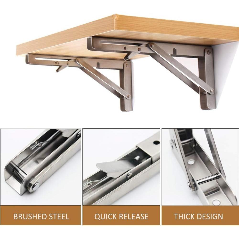 2pack Heavy Duty Foldable Shelf Bracket, DIY L  Stainless Steel Bracket for Workbench Folding Table Hinge