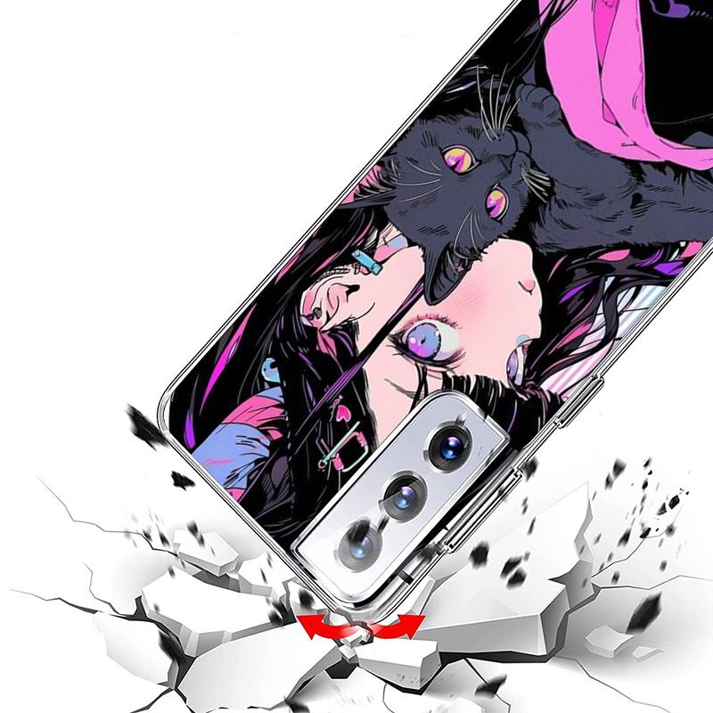 Anime Girls Cute Black Cat Phone Case For Samsung Galaxy S26 Ultra S23 S24 S25 Edge S20 FE S21 S22 Plus Soft Print Shell Cover F