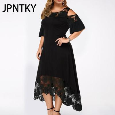 JPNTKY Embroidery Lace Patchwork Plus Size Women Dress Flared Short Sleeve Cold Shoulder High Waist