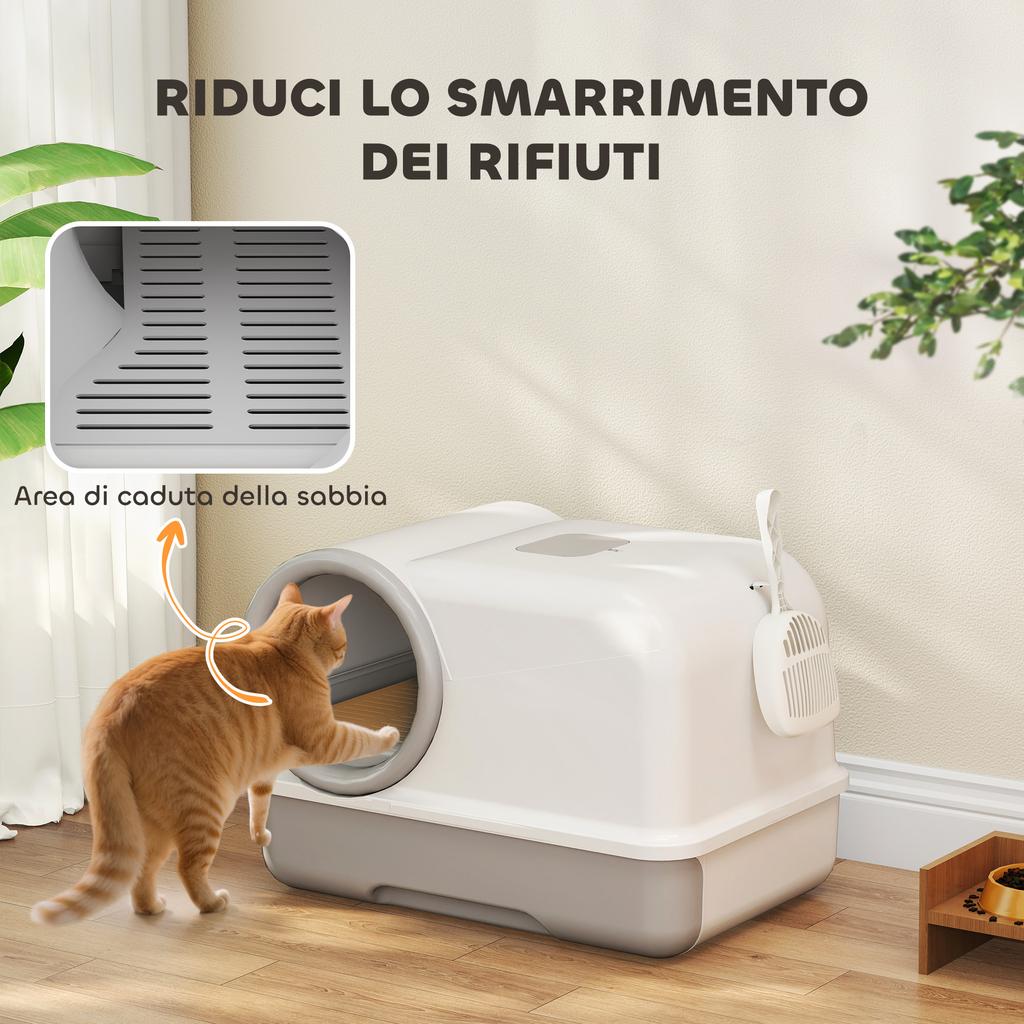 Enclosed Cat Litter Box with Tray, Scoop and Deodorant Bags, in PP, 59x39.5x39.5 cm, White and Grey