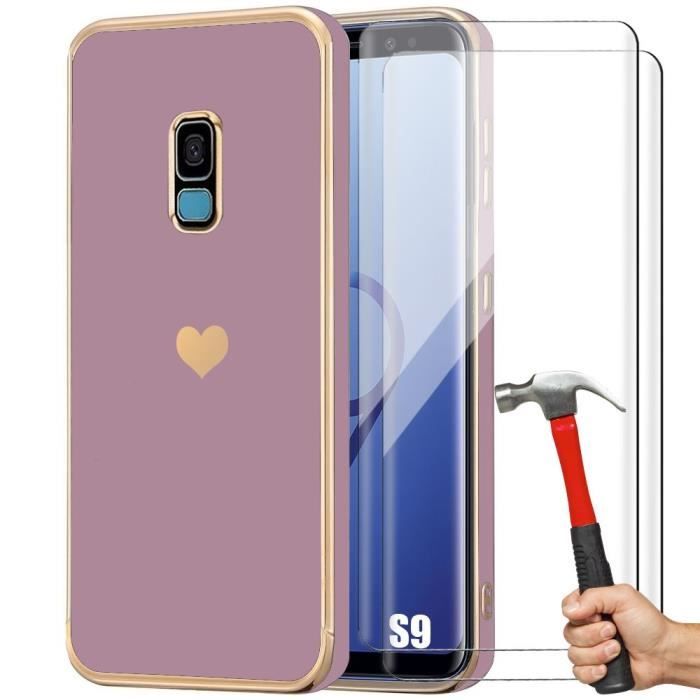 Coque - BOOLING - pour Samsung Galaxy S9 - Antichoc en Silicone TPU - Motif Cœur - Violet avec Verres Trempés