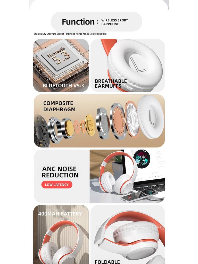 B20 Active Noise Cancelling Over-Ear Headphones, High-End Bass, Wireless Bluetooth, Long Battery Life, ANC Stereo, Gaming Headset.