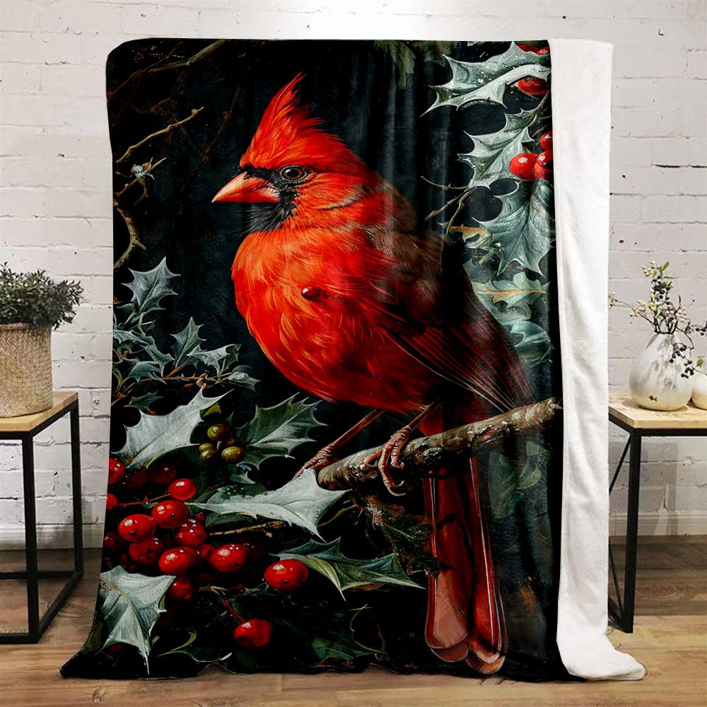 Vivid Red Cardinal with Holly Leaves Design. Flannel blanket for bedroom, living room, sofa, and nap.