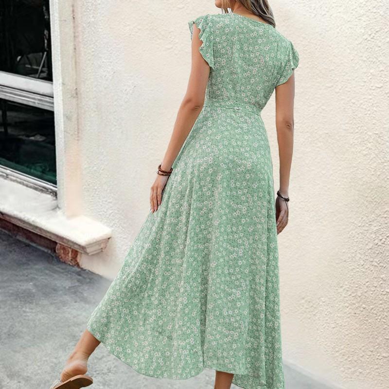 Spring and Summer New Bohemian V-neck Strap Slim Pendulum Print Dress