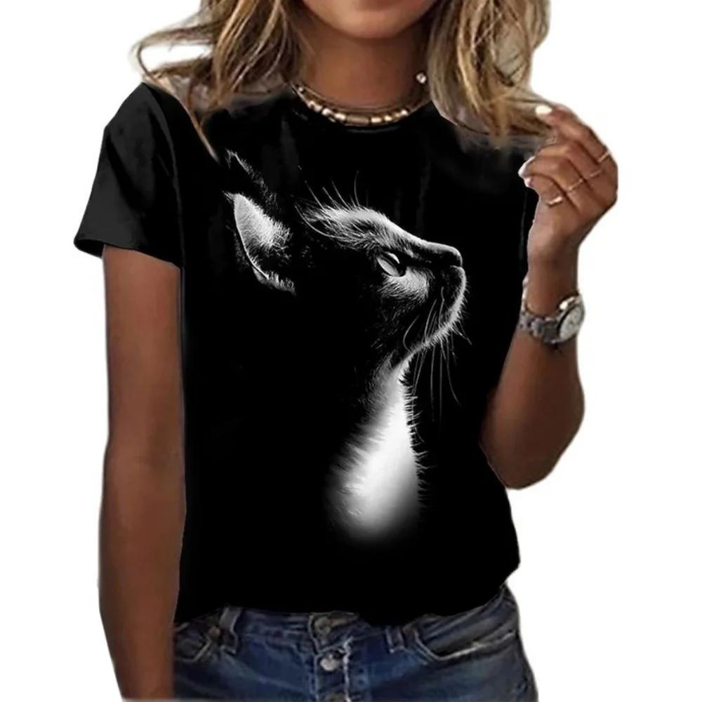 Fashion Women's T Shirt Blouse Short Sleeve Tees Vintage Y2k Harajuku 3d Cat Print Clothing Black Kawaii T-shirts For Women