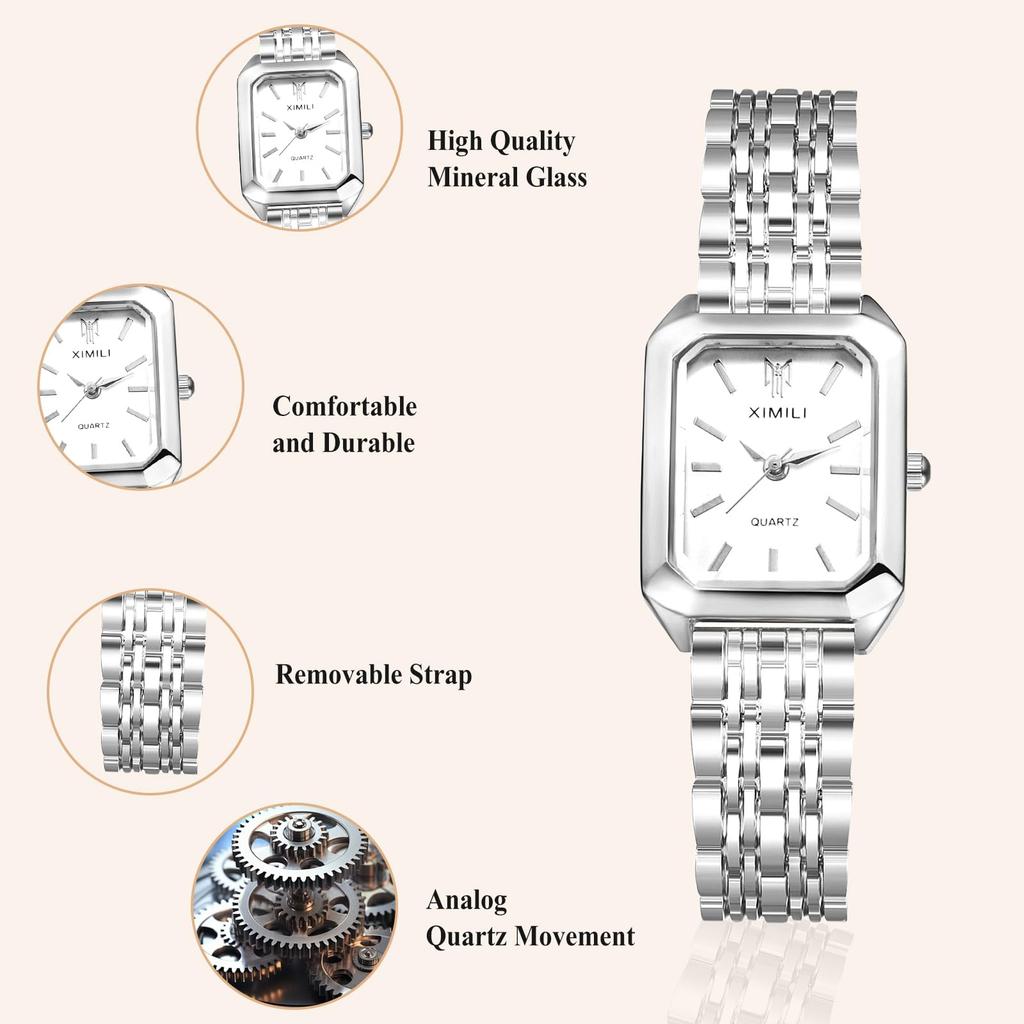Women's Watch, Waterproof, Square Dial, Bar Indexes, Simple, Quartz Movement, Stainless Steel, Adjustable Strap, Anti-Reverse Bezel, Gift, Mother's