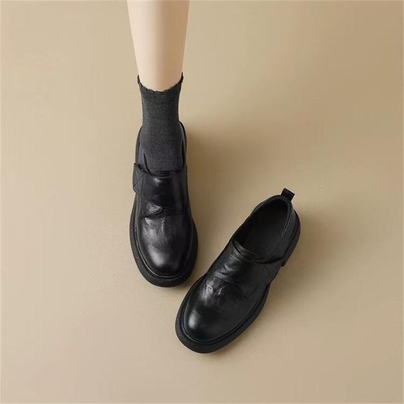 Womens Soft Leather Loafers Hook And Loop Platform Shoes 35 чёрный