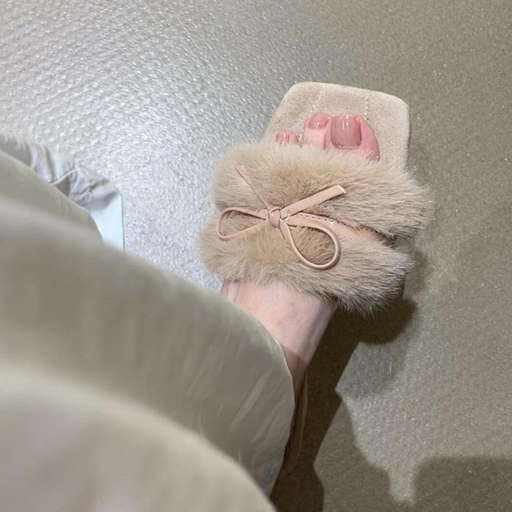 Soft Waxy Sweetheart! French Bow Fluffy Shoes Women Wear New Gentle Fairy Style Temperament Soft Bottom One-word Drag