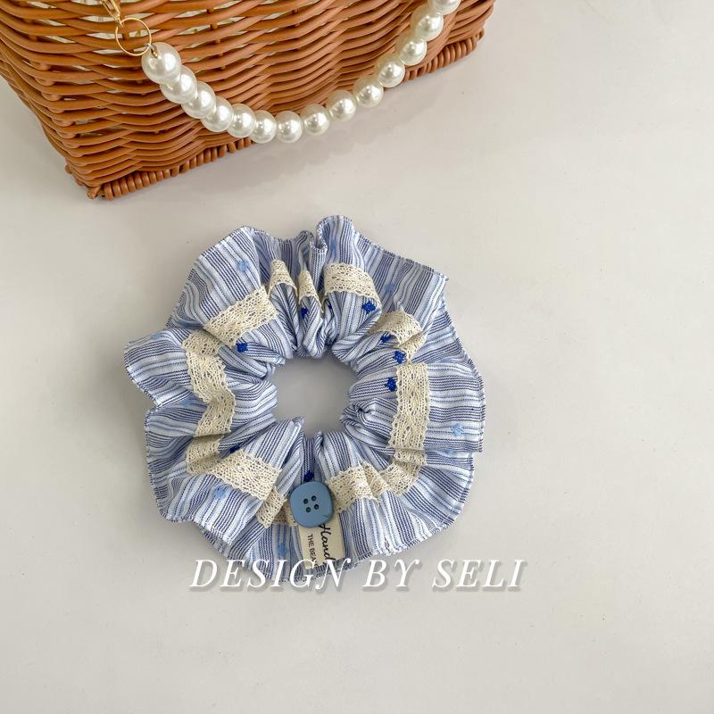 Korean Style Striped Lace Polka Dot Hair Tie with Pleats - Women s New Hair Accessory.