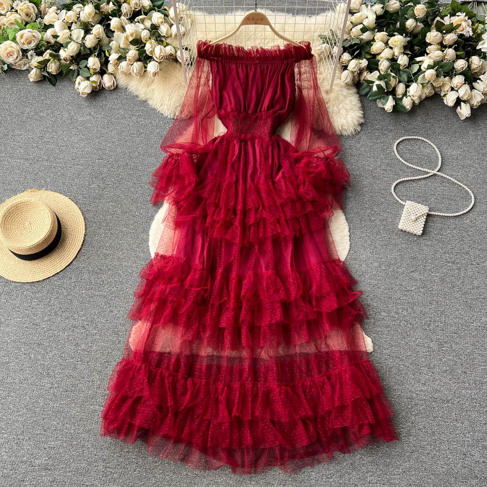 French Fashion Mesh Party Long Dress Women Ruffle Long Sleeve Slash Neck Elastic Waist Ladies Summer Elegant A Line Dresses