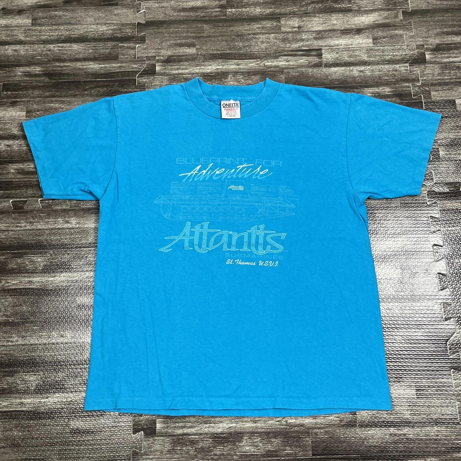 

Vintage 90s Atlantis Submarines Single Stitch Graphic Tshirt Blue Large VTG S