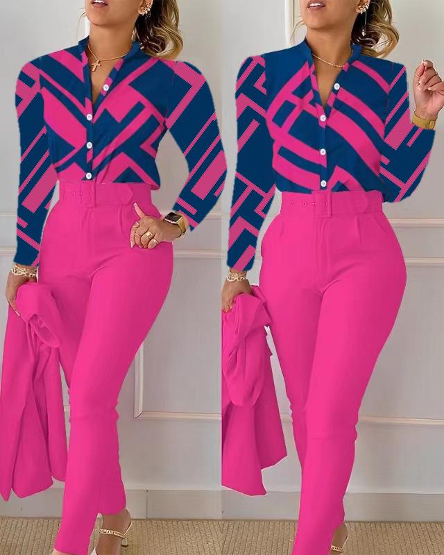 Printed Long-Sleeve Top & Solid Color Pants Suit with Belt