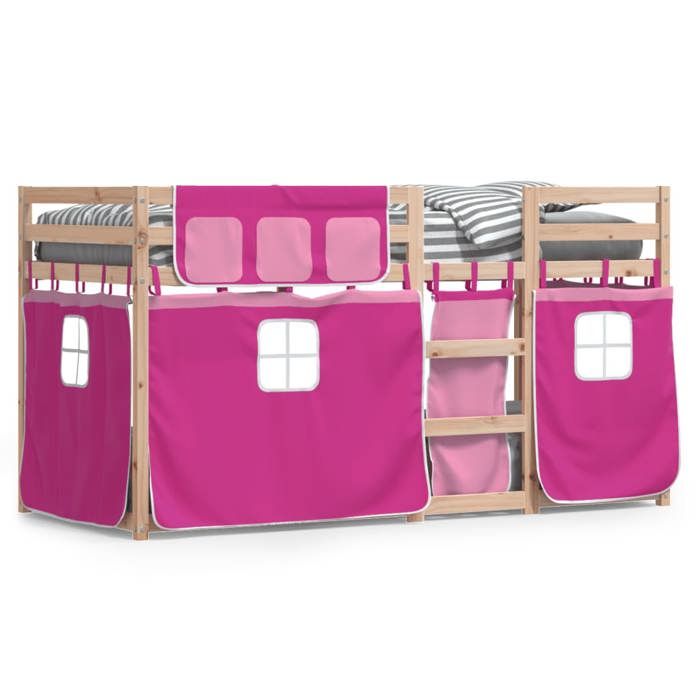 VidaXL Lit superposé avec rideaux rose 90x200 cm bois pin massif, lit, cadre de lit, lit superposé bas, meuble de chambre à 3283894