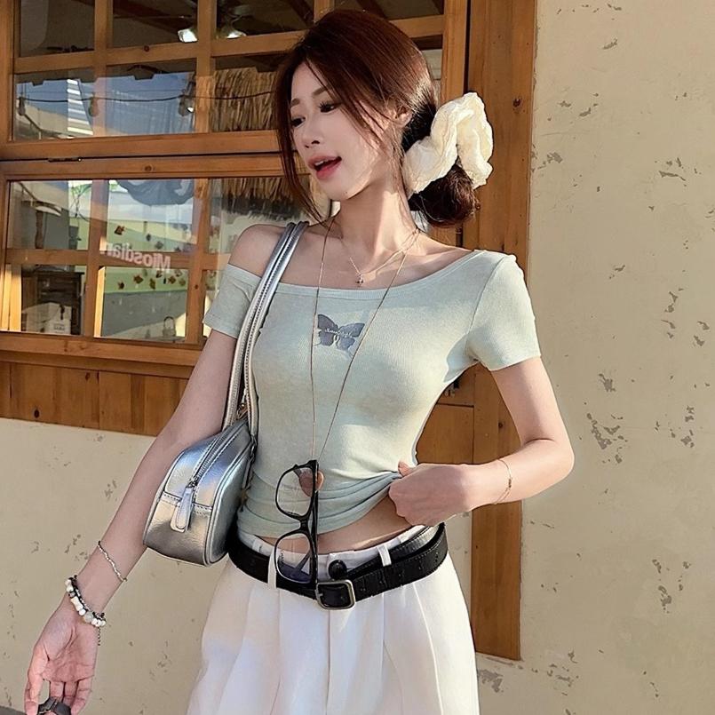 Harajuku Cotton Women T-shirts Summer Short Sleeve Slanted Collar Casual Sexy Butterfly Print Slim T Shirt Ladies Y2k Crop Tops Green Clothes
