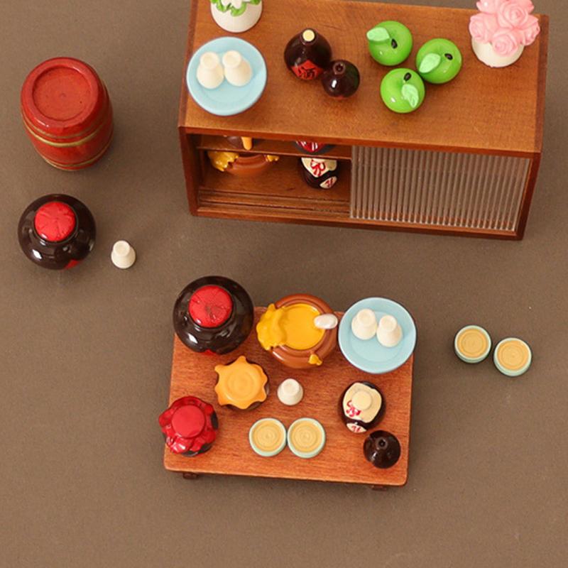 1 Set 1/6 1/12 Dollhouse Miniature Food And Game Simulation Low Table Square Table Wine Jar Wine Bowl Sake Model
