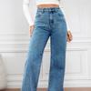 Women Jeans High Waist Zipper Button Closure Solid Color Slim Fit Wide Leg Retro Straight Pockets Soft Colorfast Lady Full Length Denim Pants