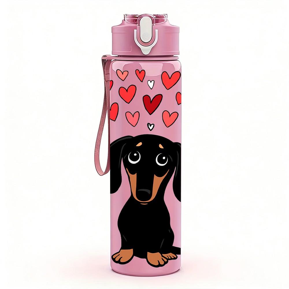 1PC Dachshund Dog With Heart Balloon Print 750ml Color Plastic Sports Water Bottle Leakproof Flip Straw Lid Suitable for Sports Office Home Use