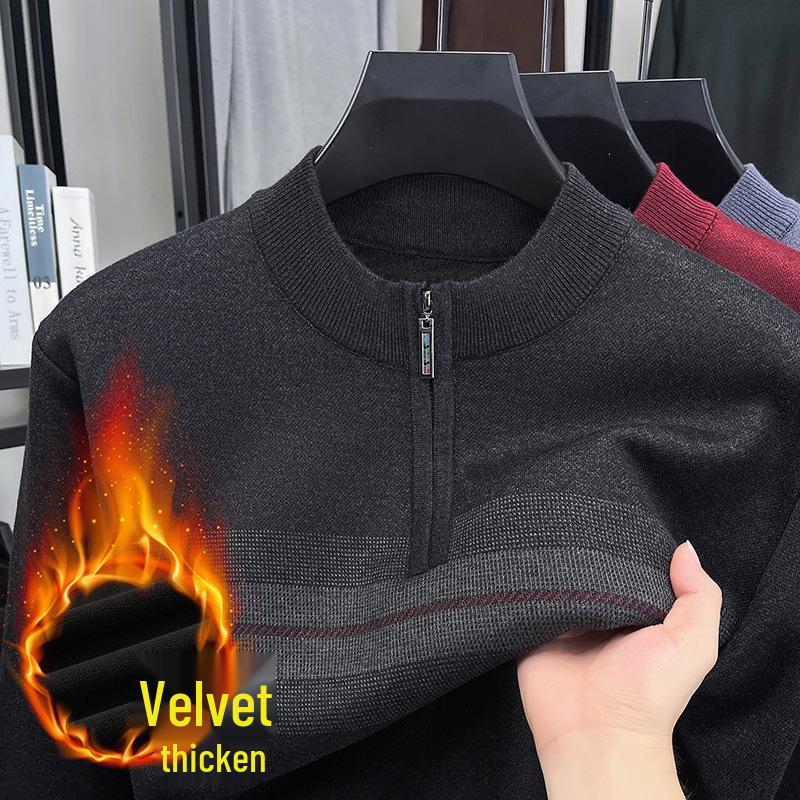 Men's Red Year of the Rat Warm Knit Sweater, Half-High Collar, Dad Style, Winter Wear for Middle-Aged & Elderly.