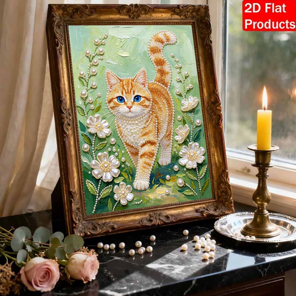 Frameless DIY Pearl Bead Painting Kit Orange Cat Pattern Creative Relaxing Craft Canvas Home Decor Adult Gift