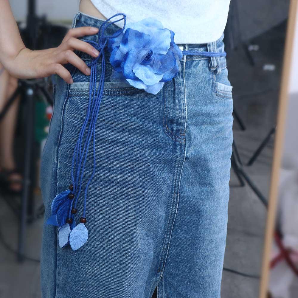 Women Elegant Big Flower Dress Decorated Tassle Chiffon Waistband Waist Chain Belts Waist Rope