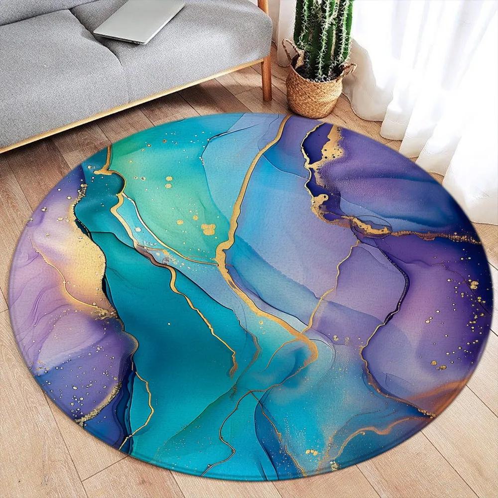 Abstract Marble Round Area Rug – Green Ink & Gold Line Design – Modern Luxury Carpet for Living Room or Bedroom, Soft Floor Mat