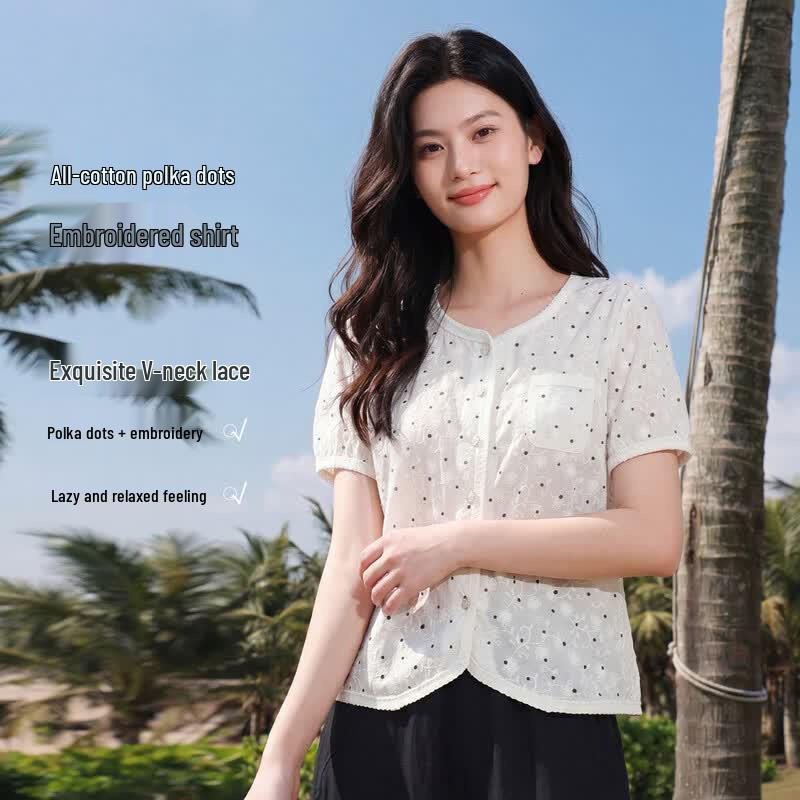 FivePlus Summer Lace Dot Short Sleeve Shirt M
