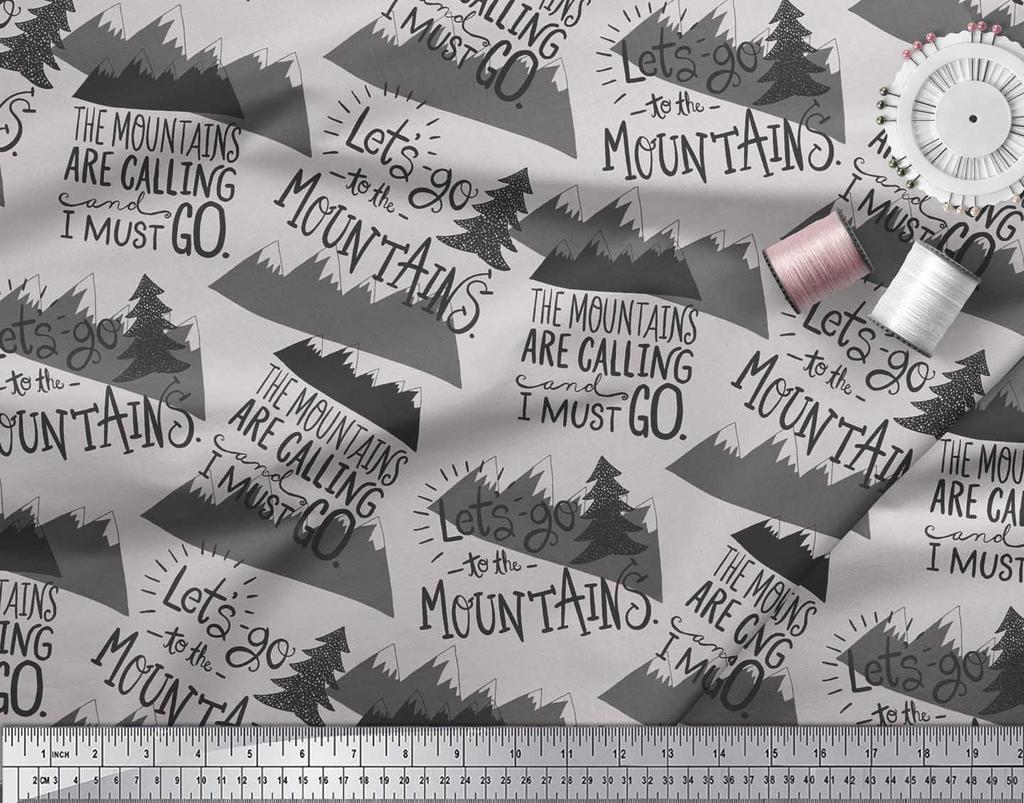 Soimoi Gray Japan Crepe Satin Fabric Mountains & Text Printed Fabric 1 Metre 42 Inch