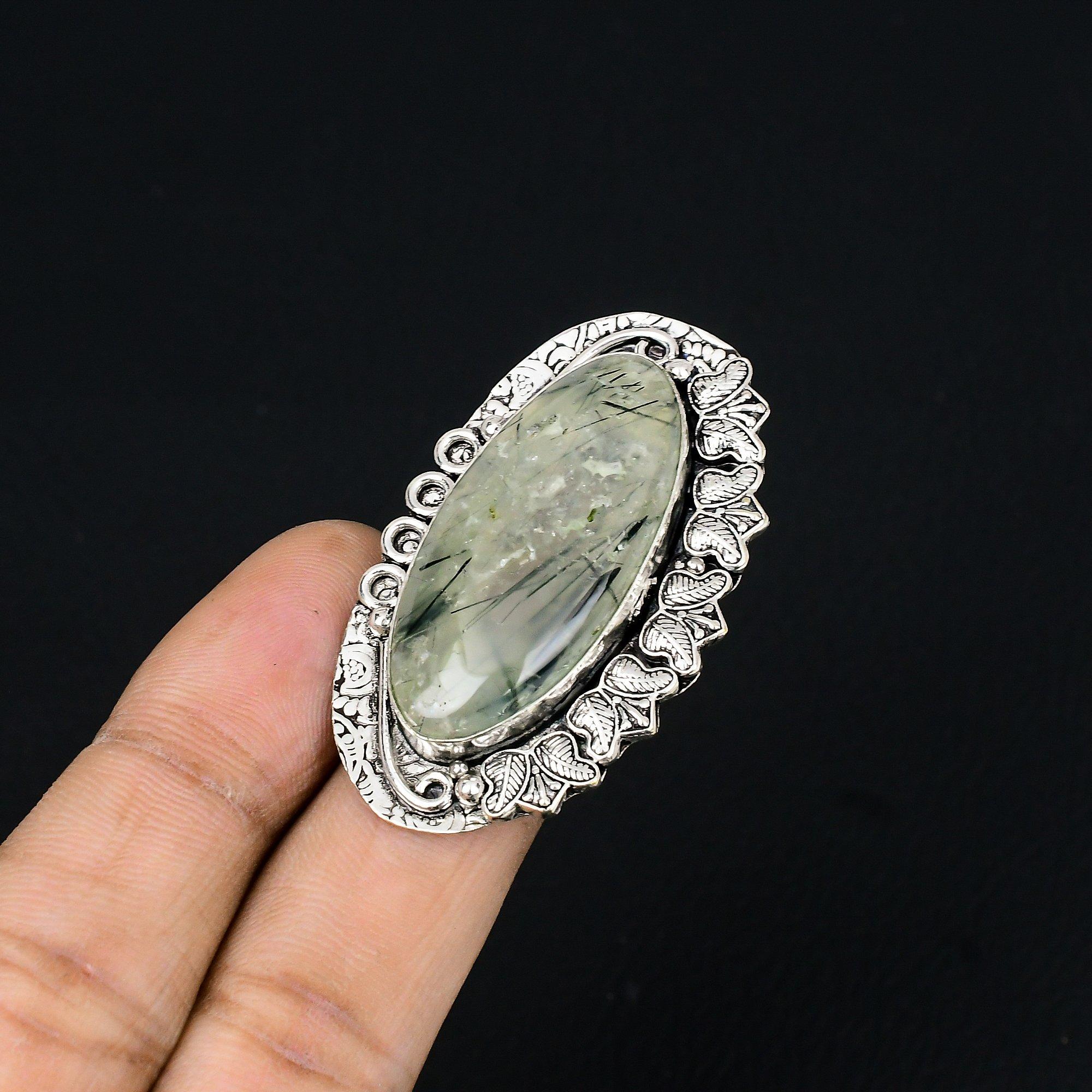 Natural Moss Prehnite Gemstone Statement Ring Size 7.5 925 Silver For Girls 7.5