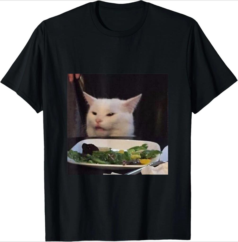 Womens Funny Cat Salad TShirt Serious Face Cat Meme Photo Print Casual Crew Neck Short Sleeve Top for Daily Versatile Wear