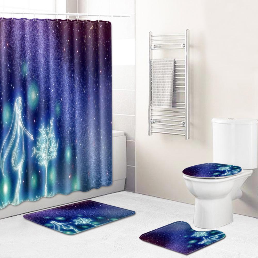 Starry Sky Shower Curtain Floor Mat Combination Four-Piece Set Bathroom Toilet Carpet Shower Room Mat Foot Mat