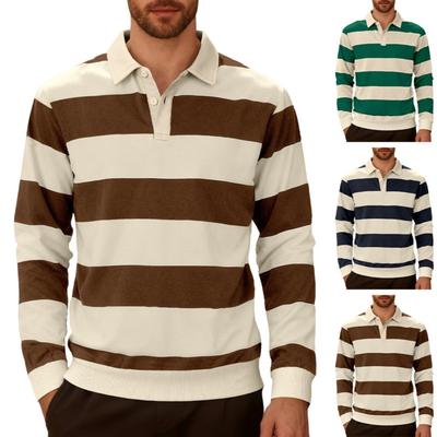 Men's Casual Sporty Square-neck Knitted Striped Shirt, Men's Color-blocking Buttoned Long-sleeved Shirt