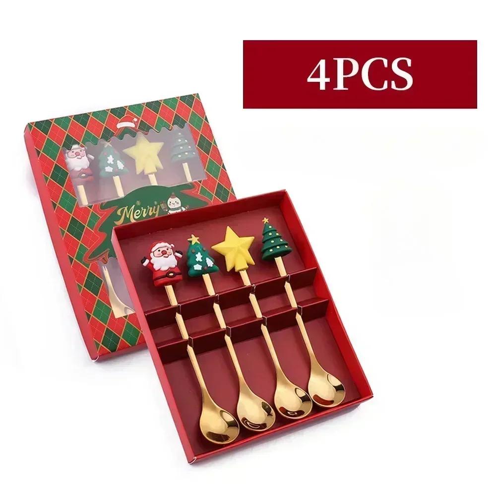 Christmas Table Decor 4-Piece Stainless Steel Cutlery Set with Spoon and Fork, Elk and Xmas Tree Design, Holiday Home Decoration and New Year Navidad