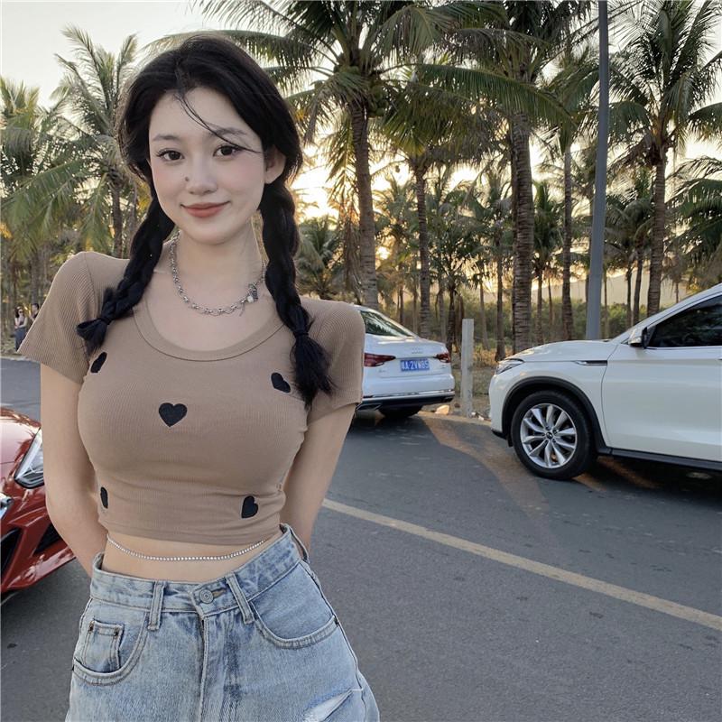 

Women s Knitted Love Embroidery Slim Fit High Waist Short Sleeve T-Shirt - Summer 2024 M сірий колір