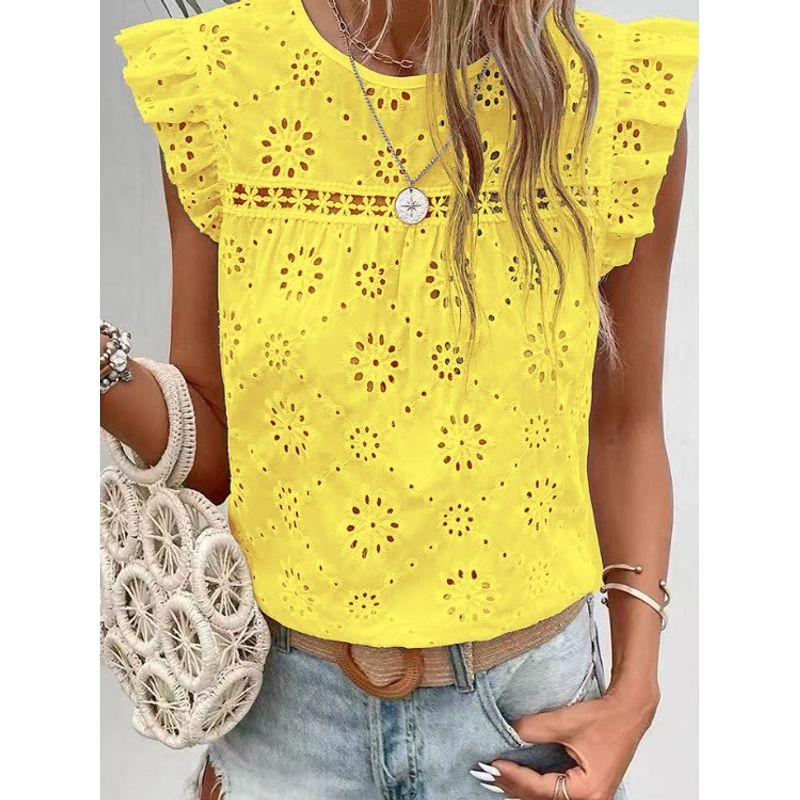 Small Sweet Summer New Western Style round Neck Crochet Hollow White Flying Sleeves Short sleeve Shirts Top Women