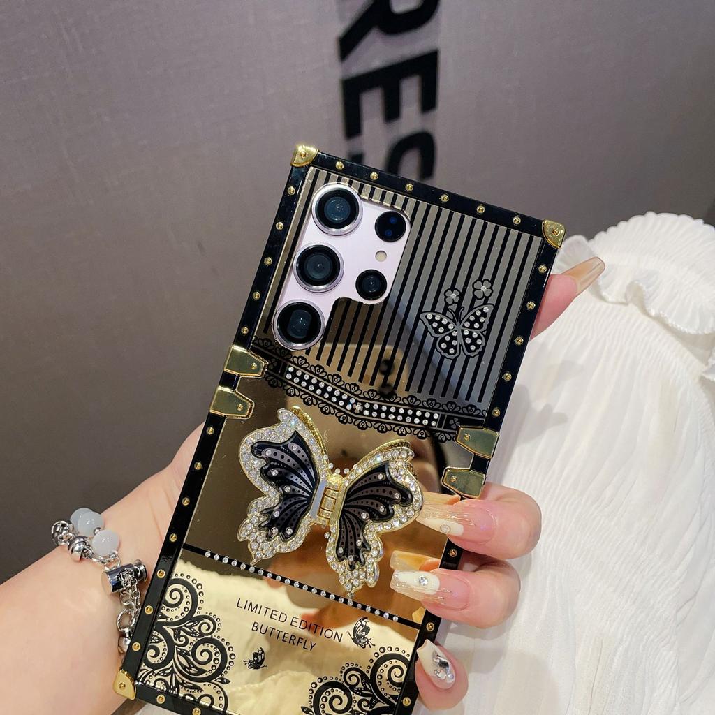 Suitable for Samsung S24 Butterfly Diamond  Inlay Bracket Mobile Phone Case A73 Makeup Mirror Catwalk Square Protective Case High End