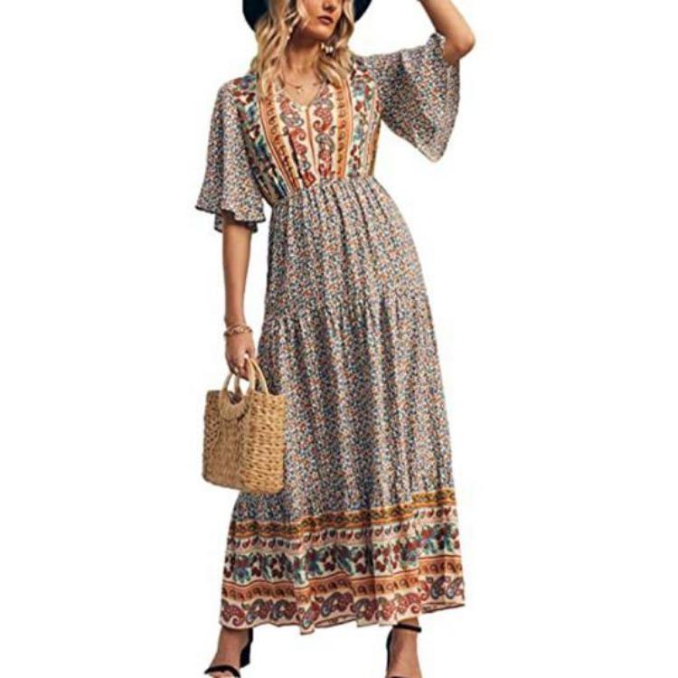 Women Summer Bohemian Maxi Dress Ethnic Patchwork A-line Printing V Neck Short Sleeves Elastic Waist Pleated Vacation Beach Dress