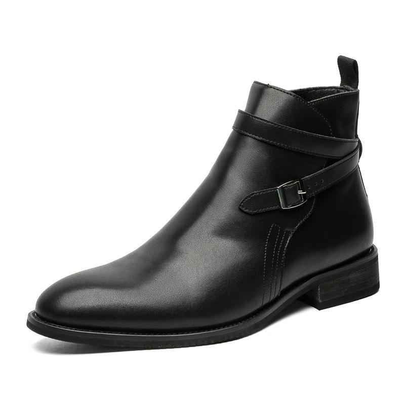 

2025 мужские кожаные ботинки на высоком голенище, британские ботинки Мартина с острым носком, на скрытой платформе, кожаные ботинки, тренд, корейская версия, повседневные 66651-J 44 чёрный