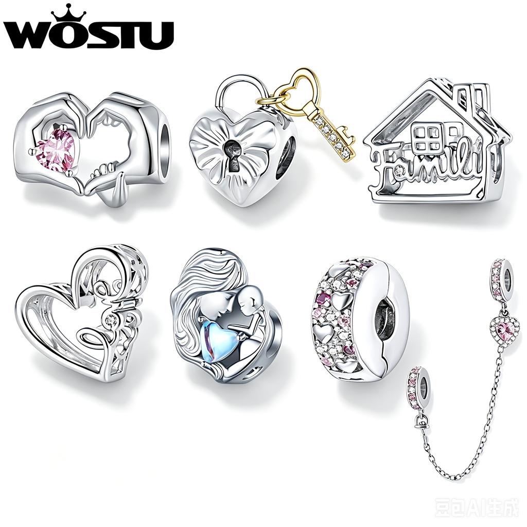 WOSTU Original Lock Key Charm Heart Spacer Bead Pink Zircon Safty Chain Platinum Plated Love Series Fit DIY Bracelet Wholesale