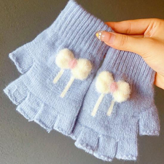 1 Pair Winter Half Finger Gloves for Women Cute Fingerless Mittens with Bow Plush Warm Stretchy Gloves for Women Girls