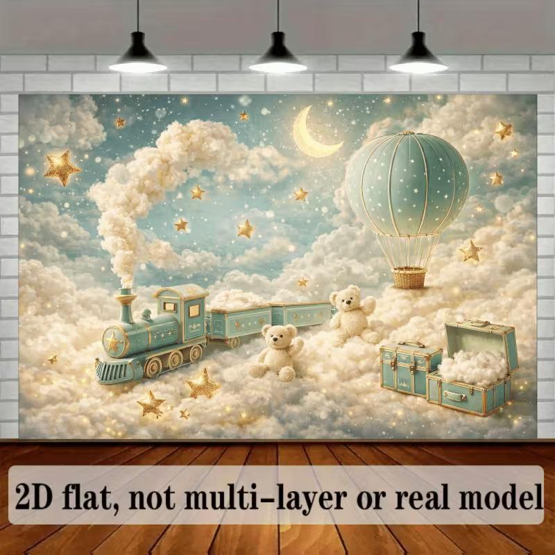 2D Enchanted Nursery Backdrop, Pastel Sky with Train, Balloon and Glitter Stars for Kids Birthday