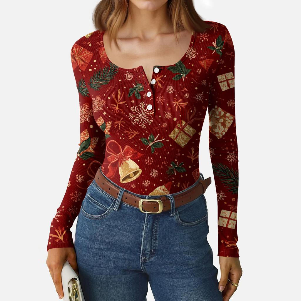 Women's Casual Fashion Christmas Print Button Long Sleeve Top