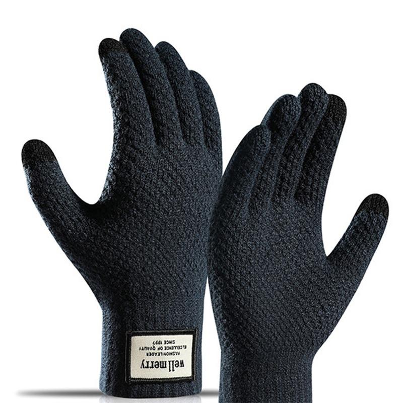 Men Winter Oversized Touch Screen Knitted Gloves Thick Plush Jacquard Windproof Warm Full Finger Thermal Mittens