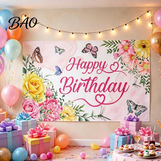 Birthday Photo Backdrop Happy Banner Backdrop, Party Background Cloth for Celebration, Group Bunting Flag Decor Kids Women, Supplies Double-sided