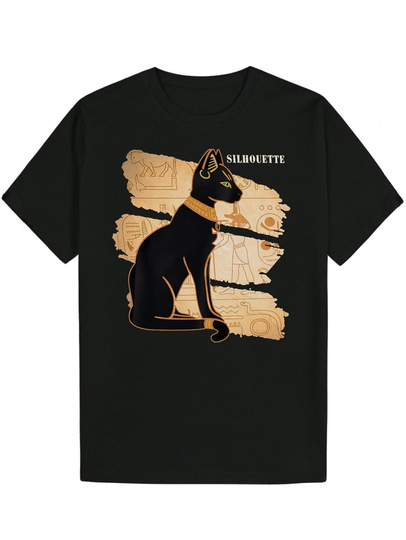 Crew Neck Polyester Animal Graphic T-shirt - Black with Egyptian Silhouette Cat Design S