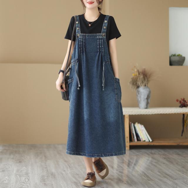 Plus Size Women's Autumn Denim Suspender Skirt - Mid-Length Sleeveless Dress
