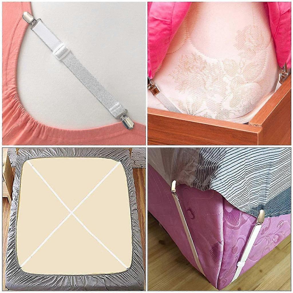 Adjustable Bed Sheet Tensioner, 8 Pieces Elastic Sheet Tensioner, White Sheet