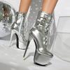 Sexy Women's Heels Boots Platform Stiletto Nightclub Shoes Belt Buckles Decor Ankle Boots Gold Silver Patent Leather Footwear