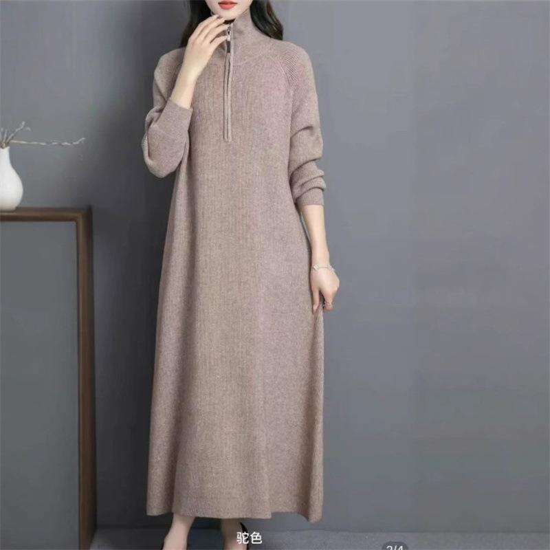 Women's Temperament Knitted Sweater Medium and Long Fashion Pullover Sweater Loose Zipper Bottom Dress